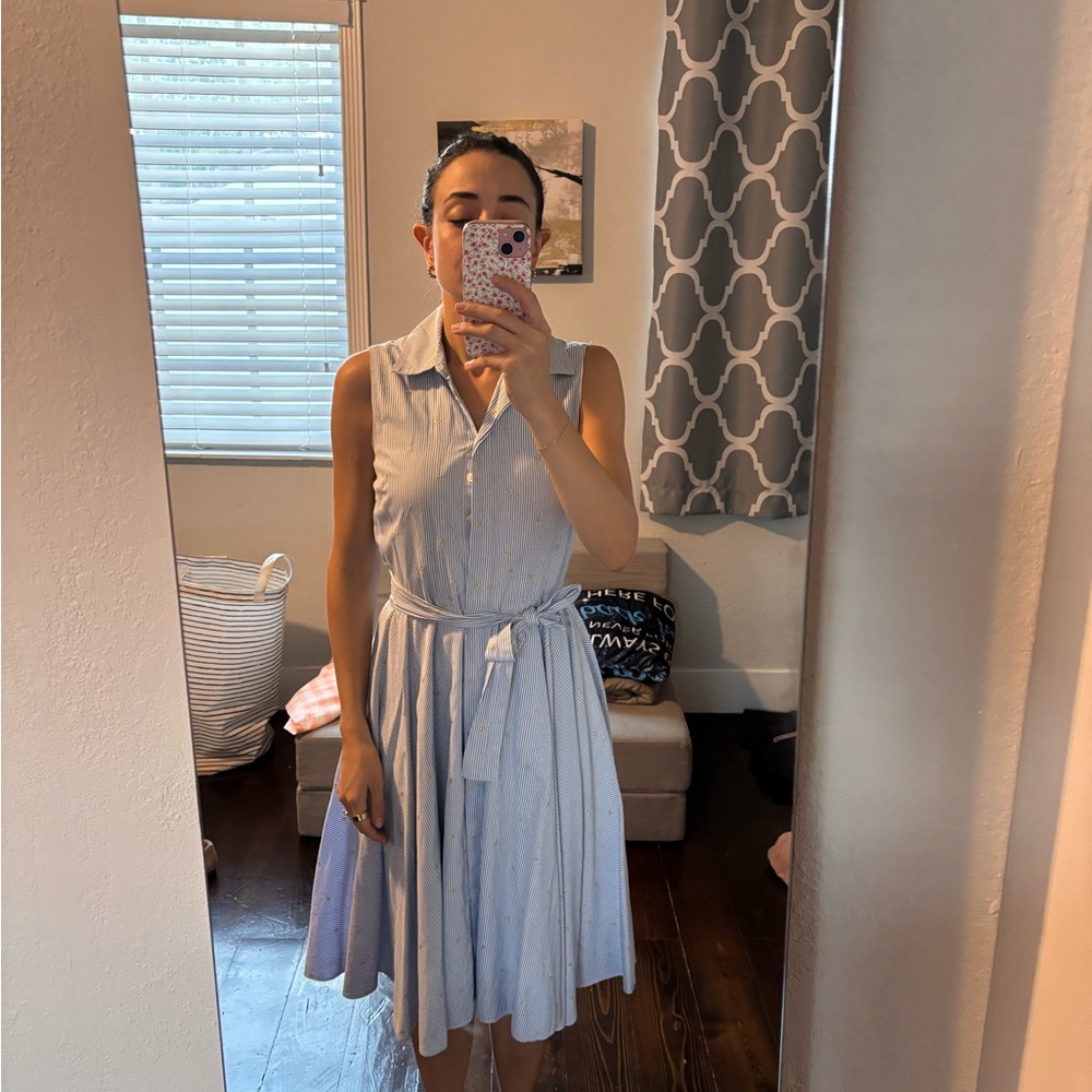 Badgley Mischka Sleeveless Light Blue Shirtdress with Self Tie Belt